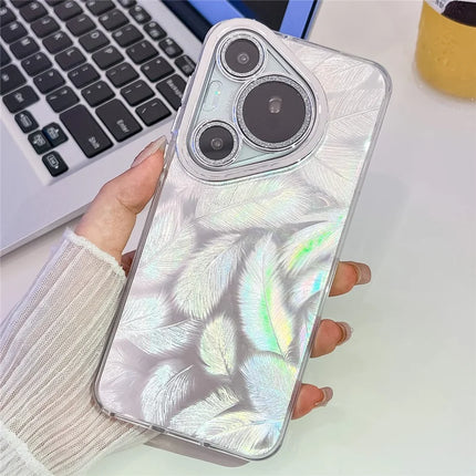 For Huawei Pura 70 Case IMD Design Shockproof Hybrid Phone Cover with Glass Lens Film - Feather Pattern  /  Silver