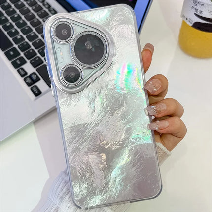 For Huawei Pura 70 Case IMD Design Shockproof Hybrid Phone Cover with Glass Lens Film - Foil Pattern  /  Silver
