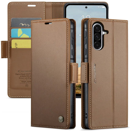 For Samsung Galaxy A56 5G Case CASEME 023 Series RFID Blocking Glossy Stand Phone Cover - Brown