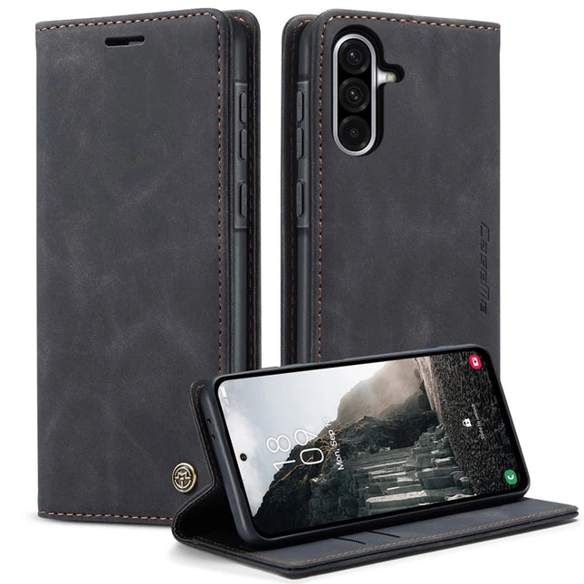 For Samsung Galaxy A36 5G Case CASEME 013 Series Card Holder Stand Leather Phone Cover - Black