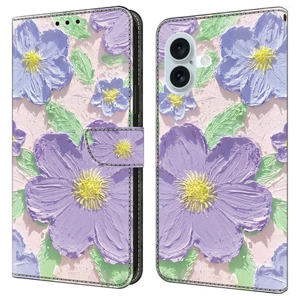 For iPhone 16 Plus Case Pattern Printing Anti-Drop Leather Flip Wallet Phone Cover - Oil Painting Purple Flowers