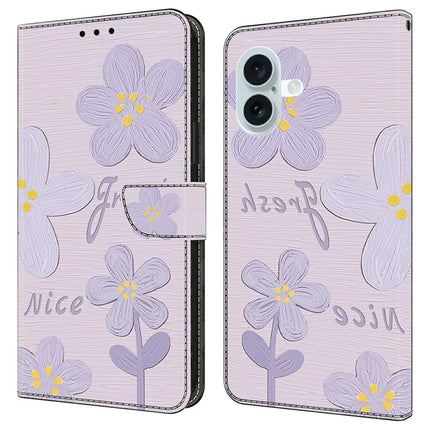For iPhone 16 Plus Case Pattern Printing Anti-Drop Leather Flip Wallet Phone Cover - Purple Flowers