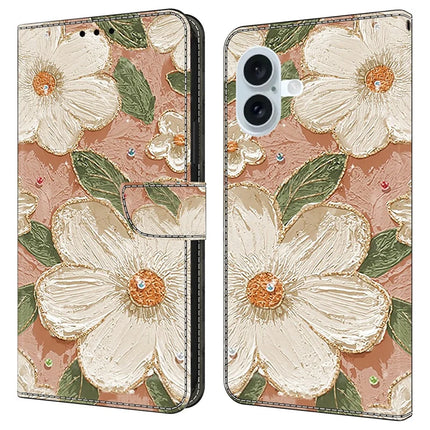 For iPhone 16 Plus Case Pattern Printing Anti-Drop Leather Flip Wallet Phone Cover - Beige Flowers