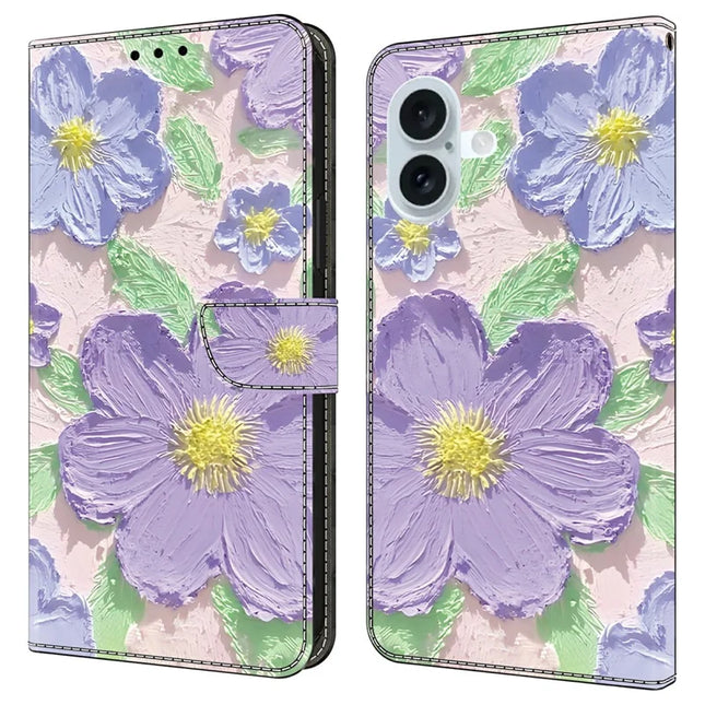 For iPhone 16 Case Pattern Printing Anti-Drop Leather Flip Wallet Phone Cover - Oil Painting Purple Flowers
