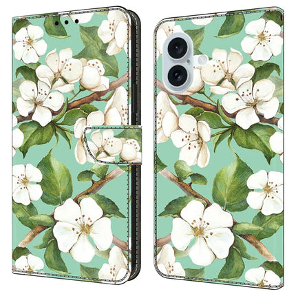 For iPhone 16 Case Pattern Printing Anti-Drop Leather Flip Wallet Phone Cover - Watercolor Flowers