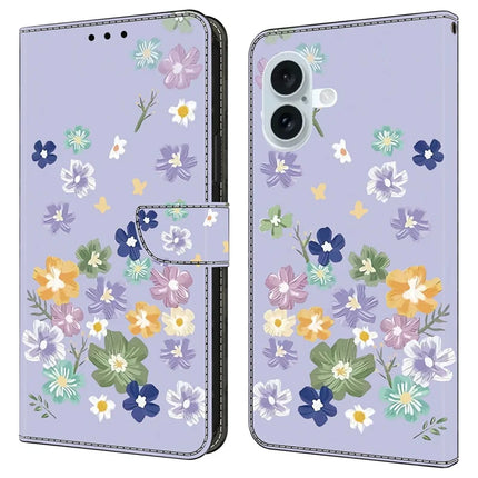 For iPhone 16 Case Pattern Printing Anti-Drop Leather Flip Wallet Phone Cover - Purple Floral