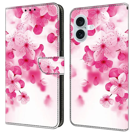 For iPhone 16 Case Pattern Printing Anti-Drop Leather Flip Wallet Phone Cover - Red Flowers