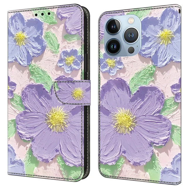 For iPhone 16 Pro Max Case Pattern Printing Anti-Drop Leather Flip Wallet Phone Cover - Oil Painting Purple Flowers