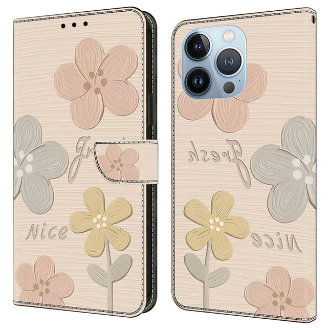 For iPhone 16 Pro Max Case Pattern Printing Anti-Drop Leather Flip Wallet Phone Cover - Fresh Flowers