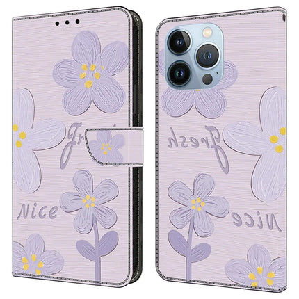 For iPhone 16 Pro Max Case Pattern Printing Anti-Drop Leather Flip Wallet Phone Cover - Purple Flowers