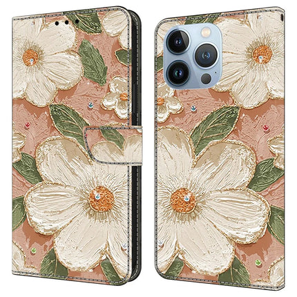 For iPhone 16 Pro Max Case Pattern Printing Anti-Drop Leather Flip Wallet Phone Cover - Beige Flowers