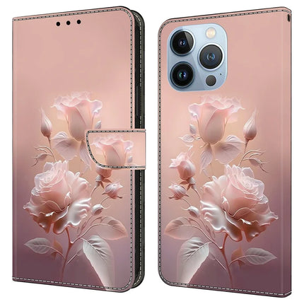 For iPhone 16 Pro Max Case Pattern Printing Anti-Drop Leather Flip Wallet Phone Cover - Ceramic Rose