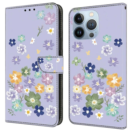 For iPhone 16 Pro Max Case Pattern Printing Anti-Drop Leather Flip Wallet Phone Cover - Purple Floral