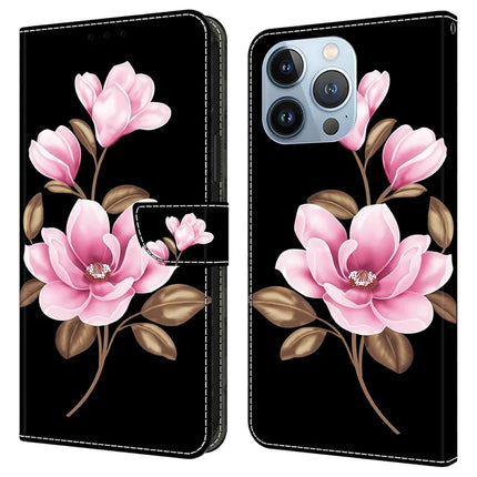 For iPhone 16 Pro Max Case Pattern Printing Anti-Drop Leather Flip Wallet Phone Cover - Black  /  Flowers