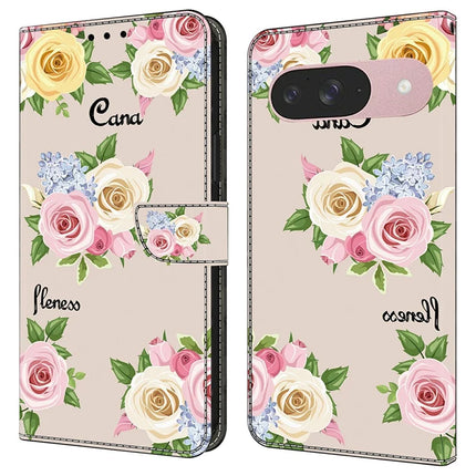 For Google Pixel 9 Pro  /  Pixel 9 Case Pattern Printing Anti-Drop Leather Flip Wallet Phone Cover - Colorful Flowers