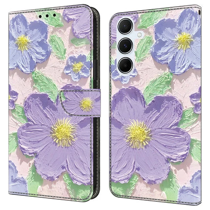 For Samsung Galaxy A35 5G Case Pattern Printing Anti-Drop Leather Flip Wallet Phone Cover - Oil Painting Purple Flowers