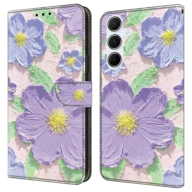 For Samsung Galaxy A55 5G Case Pattern Printing Anti-Drop Leather Flip Wallet Phone Cover - Oil Painting Purple Flowers