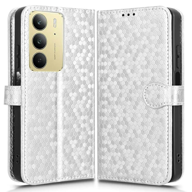 For Realme C75 Wallet Case Dot Pattern Imprint PU Leather Phone Cover - Silver