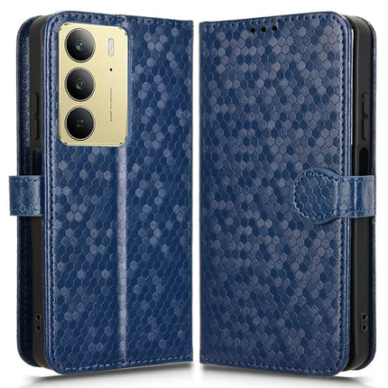 For Realme C75 Wallet Case Dot Pattern Imprint PU Leather Phone Cover - Dark Blue