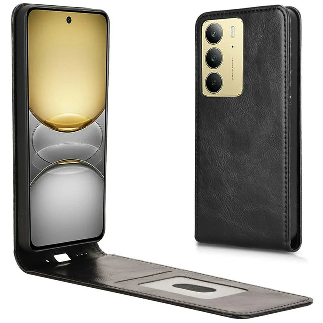 For Realme C75 Case with Card Slot Magnetic Vertical Flip Leather Phone Cover - Black