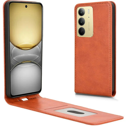 For Realme C75 Case with Card Slot Magnetic Vertical Flip Leather Phone Cover - Orange