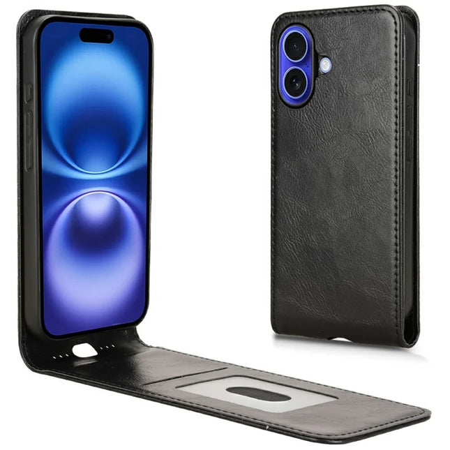 For iPhone 16 Plus Case with Card Slot Magnetic Vertical Flip Leather Phone Cover - Black