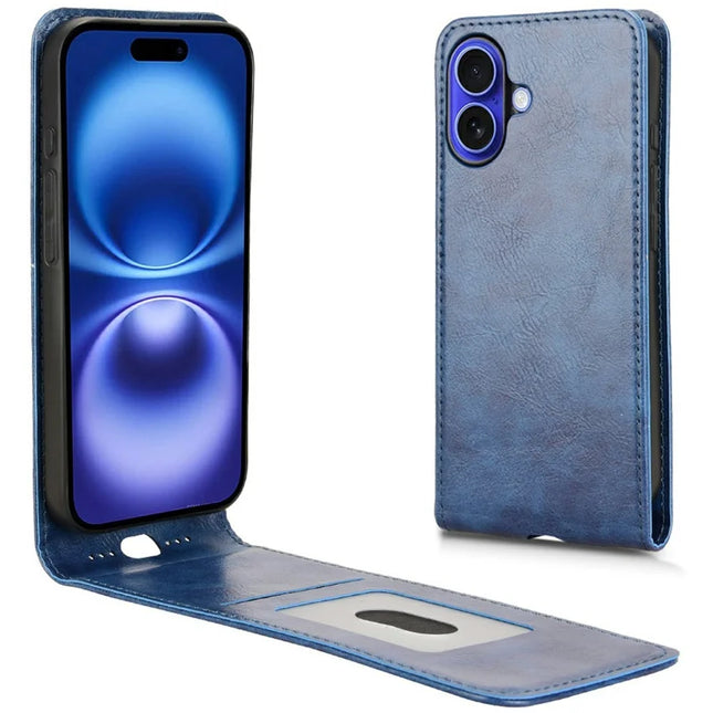 For iPhone 16 Plus Case with Card Slot Magnetic Vertical Flip Leather Phone Cover - Dark Blue