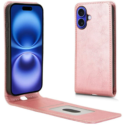 For iPhone 16 Plus Case with Card Slot Magnetic Vertical Flip Leather Phone Cover - Rose Gold