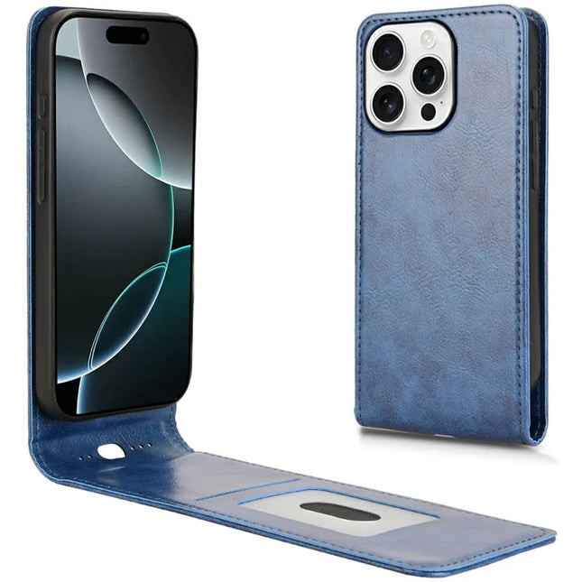 For iPhone 16 Pro Max Case with Card Slot Magnetic Vertical Flip Leather Phone Cover - Dark Blue
