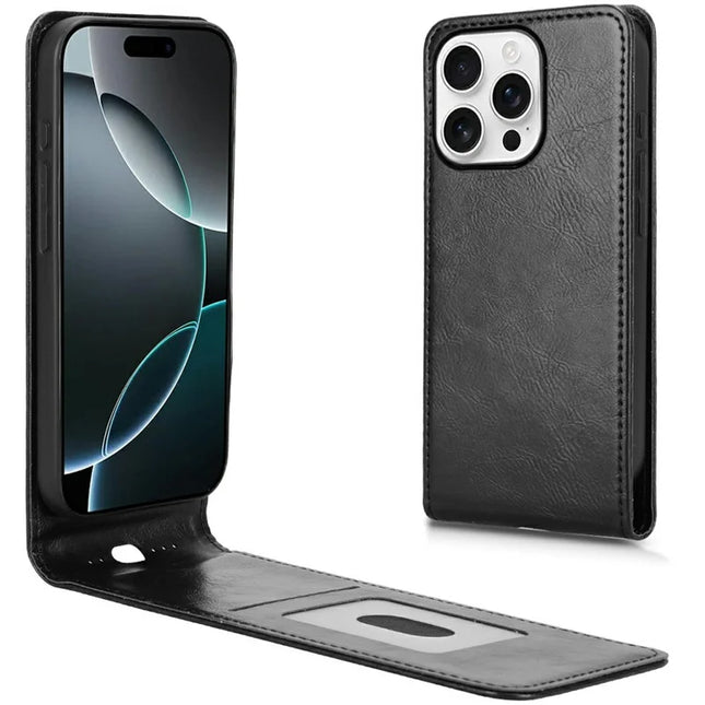 For iPhone 16 Pro Case with Card Slot Magnetic Vertical Flip Leather Phone Cover - Black