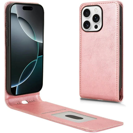 For iPhone 16 Pro Case with Card Slot Magnetic Vertical Flip Leather Phone Cover - Rose Gold