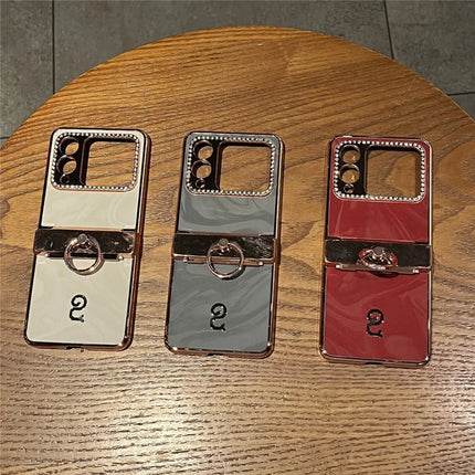 For Huawei nova Flip 5G Case Ring Holder Rhinestone Decor PU Leather PC Folding Phone Cover