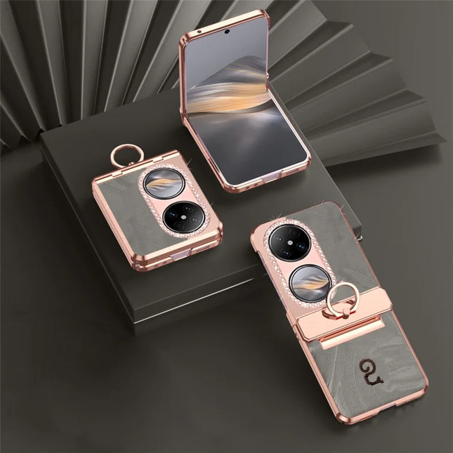 For Huawei Pocket 2 Case Ring Holder Rhinestone Decor PU Leather PC Folding Phone Cover - Grey