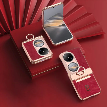 For Huawei Pocket 2 Case Ring Holder Rhinestone Decor PU Leather PC Folding Phone Cover - Red