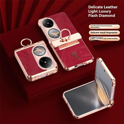 For Huawei Pocket 2 Case Ring Holder Rhinestone Decor PU Leather PC Folding Phone Cover