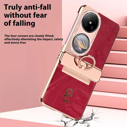 For Huawei Pocket 2 Case Ring Holder Rhinestone Decor PU Leather PC Folding Phone Cover