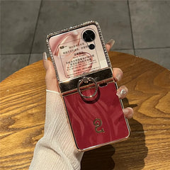For Honor Magic V Flip 5G Case Ring Holder Rhinestone Decor PU Leather PC Folding Phone Cover - Red