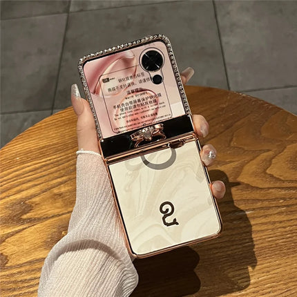 For Honor Magic V Flip 5G Case Ring Holder Rhinestone Decor PU Leather PC Folding Phone Cover - Yellow