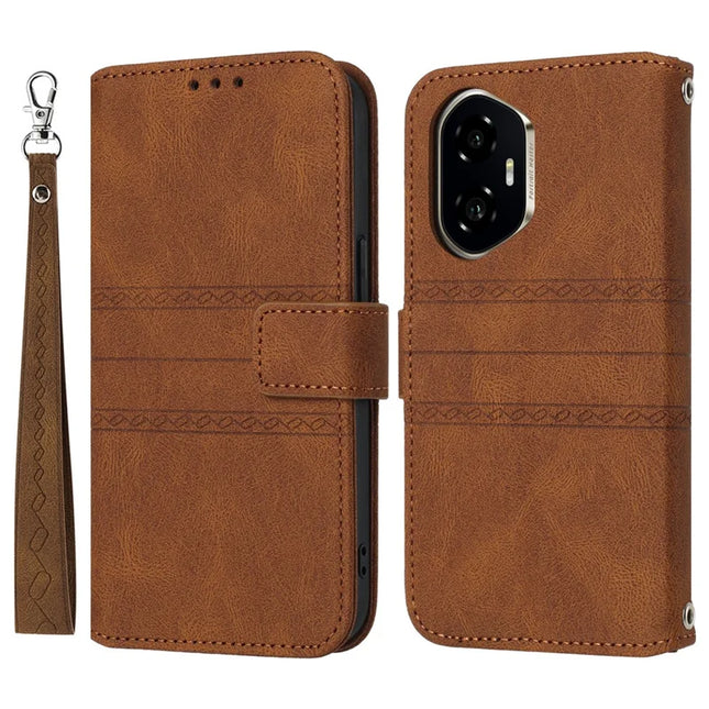 For Honor 300 Case Wallet Skin-Touch Leather Imprinted Phone Cover - Brown