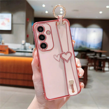 For Samsung Galaxy A16 5G / A16 4G Case Electroplated Heart Pattern TPU Phone Back Cover with Wristband Kickstand - Pink