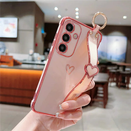 For Samsung Galaxy A16 5G / A16 4G Case Electroplated Heart Pattern TPU Phone Back Cover with Wristband Kickstand