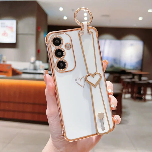 For Samsung Galaxy A16 5G / A16 4G Case Electroplated Heart Pattern TPU Phone Back Cover with Wristband Kickstand - Ivory White
