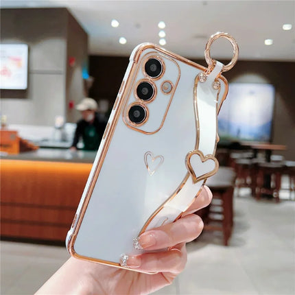 For Samsung Galaxy A16 5G / A16 4G Case Electroplated Heart Pattern TPU Phone Back Cover with Wristband Kickstand