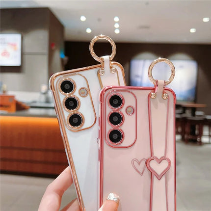 For Samsung Galaxy A16 5G / A16 4G Case Electroplated Heart Pattern TPU Phone Back Cover with Wristband Kickstand
