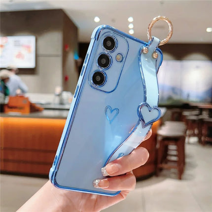 For Samsung Galaxy A16 5G / A16 4G Case Electroplated Heart Pattern TPU Phone Back Cover with Wristband Kickstand