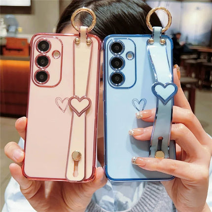 For Samsung Galaxy A16 5G / A16 4G Case Electroplated Heart Pattern TPU Phone Back Cover with Wristband Kickstand