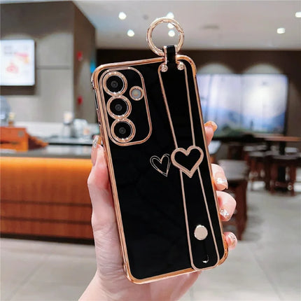 For Samsung Galaxy A55 5G Case Electroplated Heart Pattern TPU Phone Back Cover with Wristband Kickstand - Black
