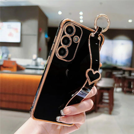For Samsung Galaxy A55 5G Case Electroplated Heart Pattern TPU Phone Back Cover with Wristband Kickstand