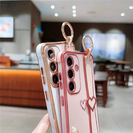 For Samsung Galaxy A55 5G Case Electroplated Heart Pattern TPU Phone Back Cover with Wristband Kickstand