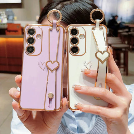 For Samsung Galaxy A55 5G Case Electroplated Heart Pattern TPU Phone Back Cover with Wristband Kickstand